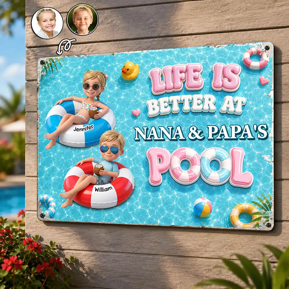 Custom Photo 3D Summer Concept Life Is Better At Nana Papa Pool - Personalized Classic Metal Signs