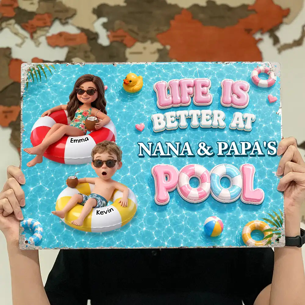 Custom Photo 3D Summer Concept Life Is Better At Nana Papa Pool - Personalized Classic Metal Signs