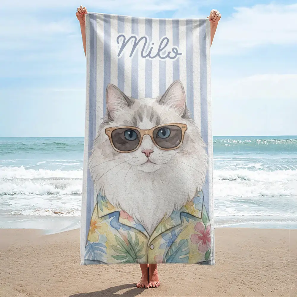 Custom Photo Watercolor Pet With Summer Accessories Pet Portrait Summer Vibe - Personalized Beach Towel