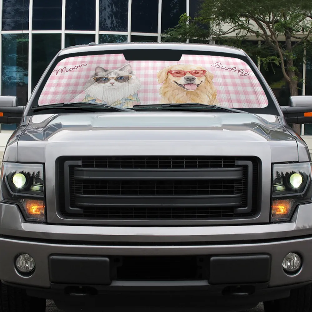 Custom Photo Watercolor Pet With Summer Accessories Pet Portrait - Personalized Auto Sunshade