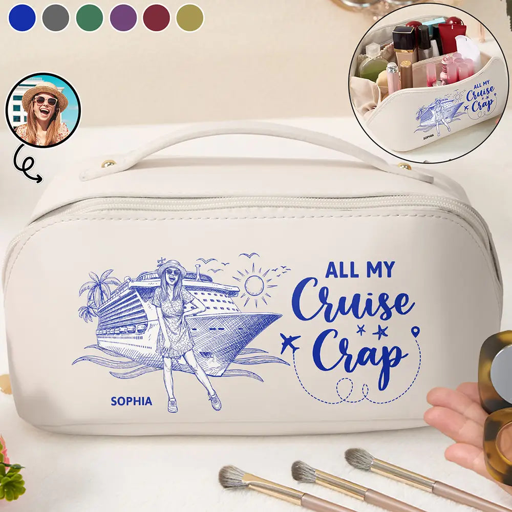 Custom Photo Pencil Sketch Art Travel All My Cruise Crap - Personalized Leather Makeup Bag