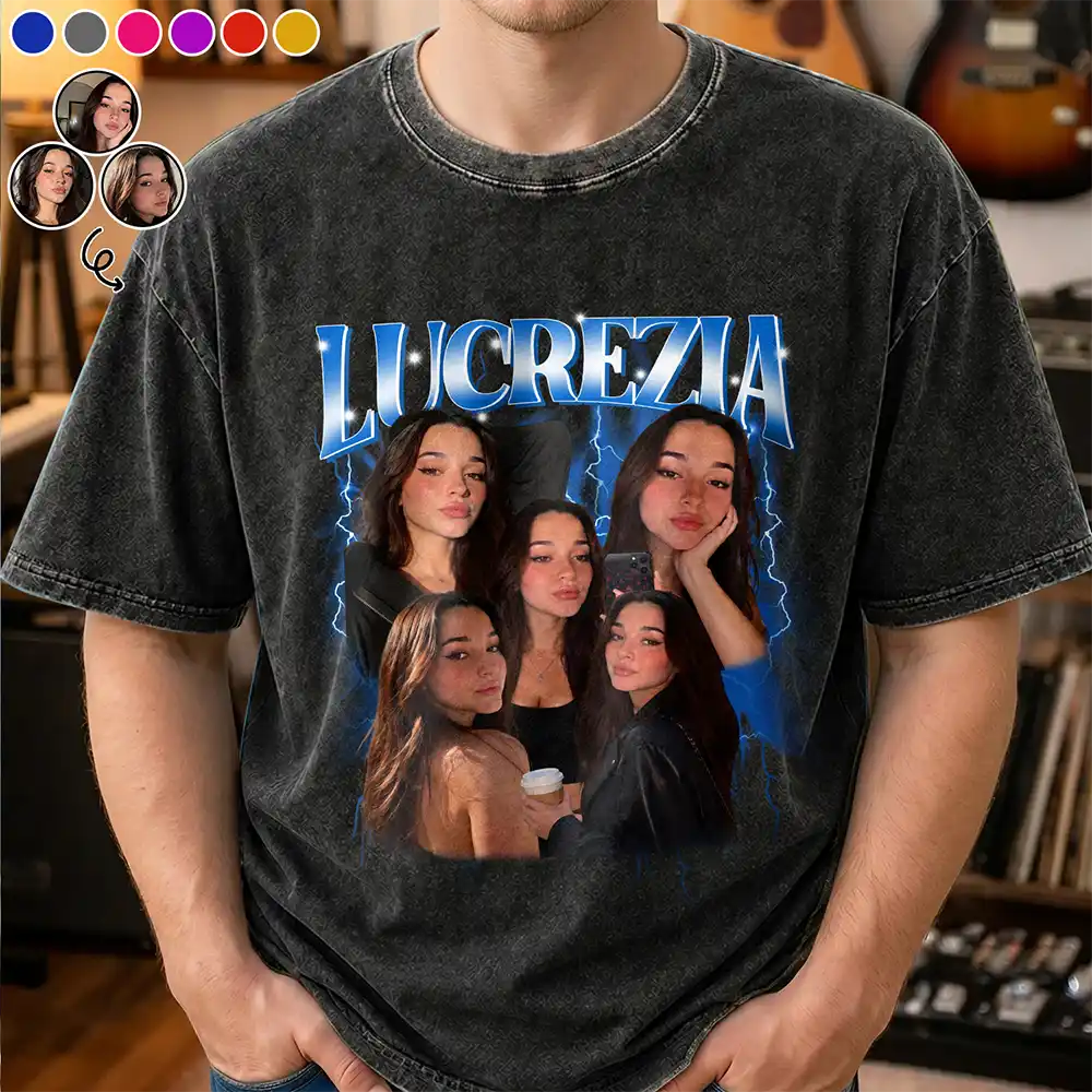 Custom Photo Collage Bootleg Shirt Couple Bestie Family Portrait - Personalized Vintage Washed T Shirt