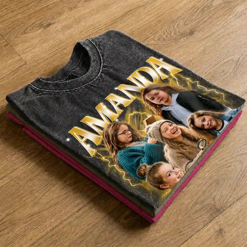 Custom Photo Collage Bootleg Shirt Couple Bestie Family Portrait - Personalized Vintage Washed T Shirt