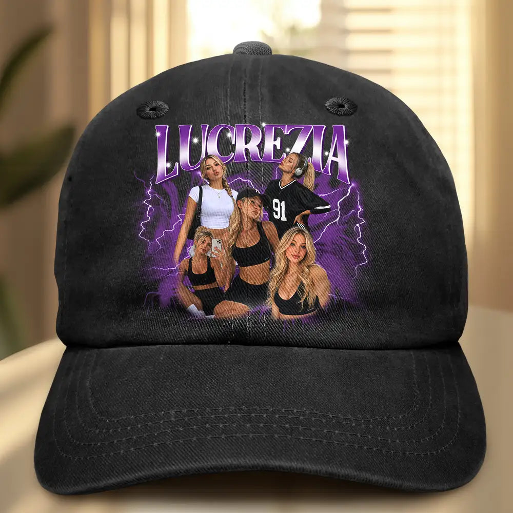 Custom Photo Collage Bootleg Portrait For Couple Bestie Family - Personalized Vintage Washed Denim Cap