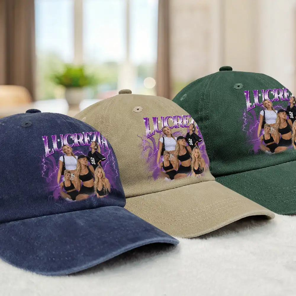 Custom Photo Collage Bootleg Portrait For Couple Bestie Family - Personalized Vintage Washed Denim Cap