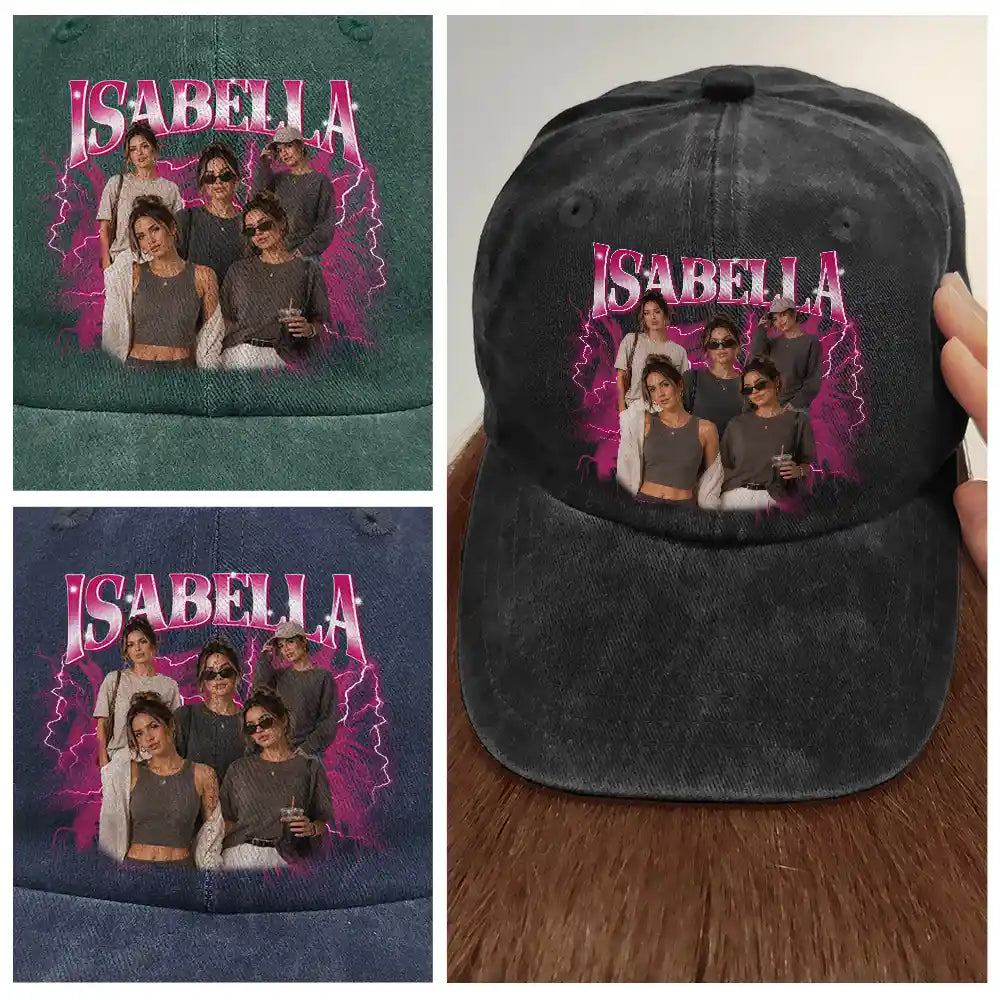 Custom Photo Collage Bootleg Portrait For Couple Bestie Family - Personalized Vintage Washed Denim Cap