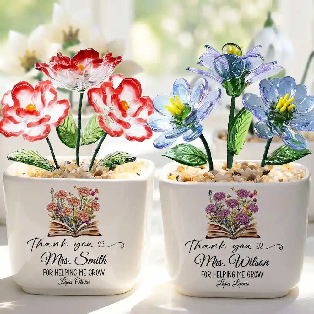 Teacher Thank You For Helping Me Grow - Personalized Glass Flower Plant Pot