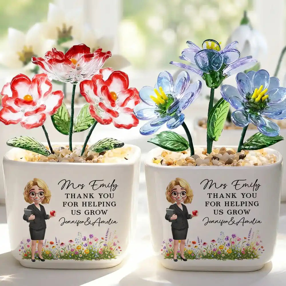 Thank You Teacher For Helping Me Grow - Personalized Glass Flower Plant Pot