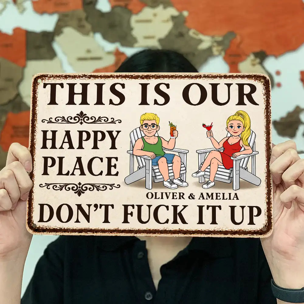 This Is Our Happy Place Retro Cartoon Couple - Personalized Classic Metal Signs