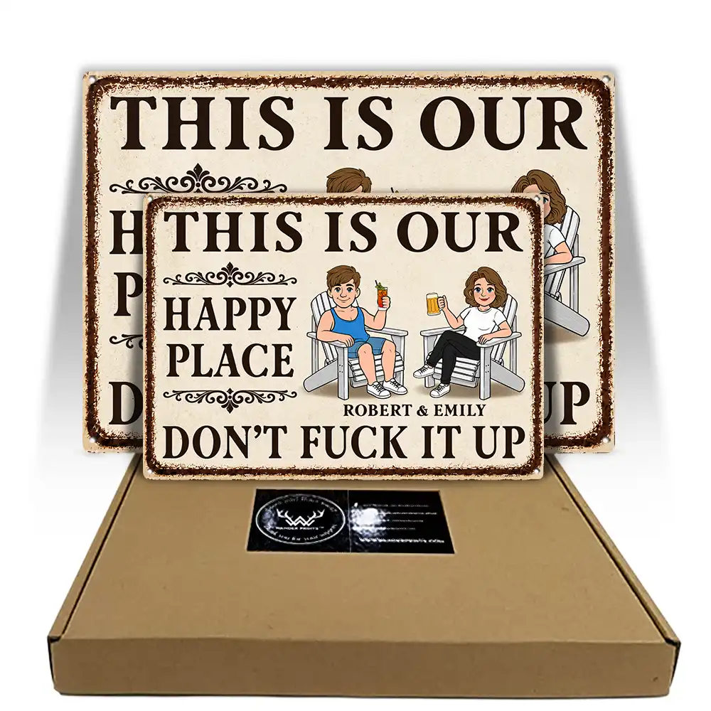 This Is Our Happy Place Retro Cartoon Couple - Personalized Classic Metal Signs