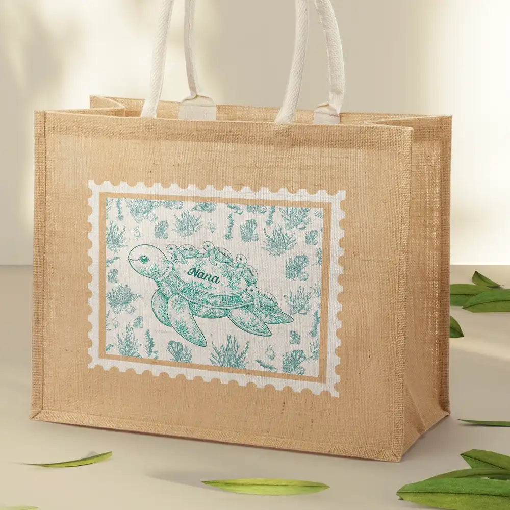 Toile De Jouy Sea Turtle - Personalized Jute Beach Bag