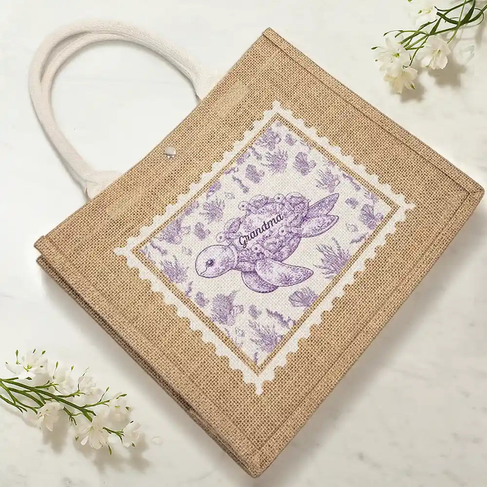 Toile De Jouy Sea Turtle - Personalized Jute Beach Bag