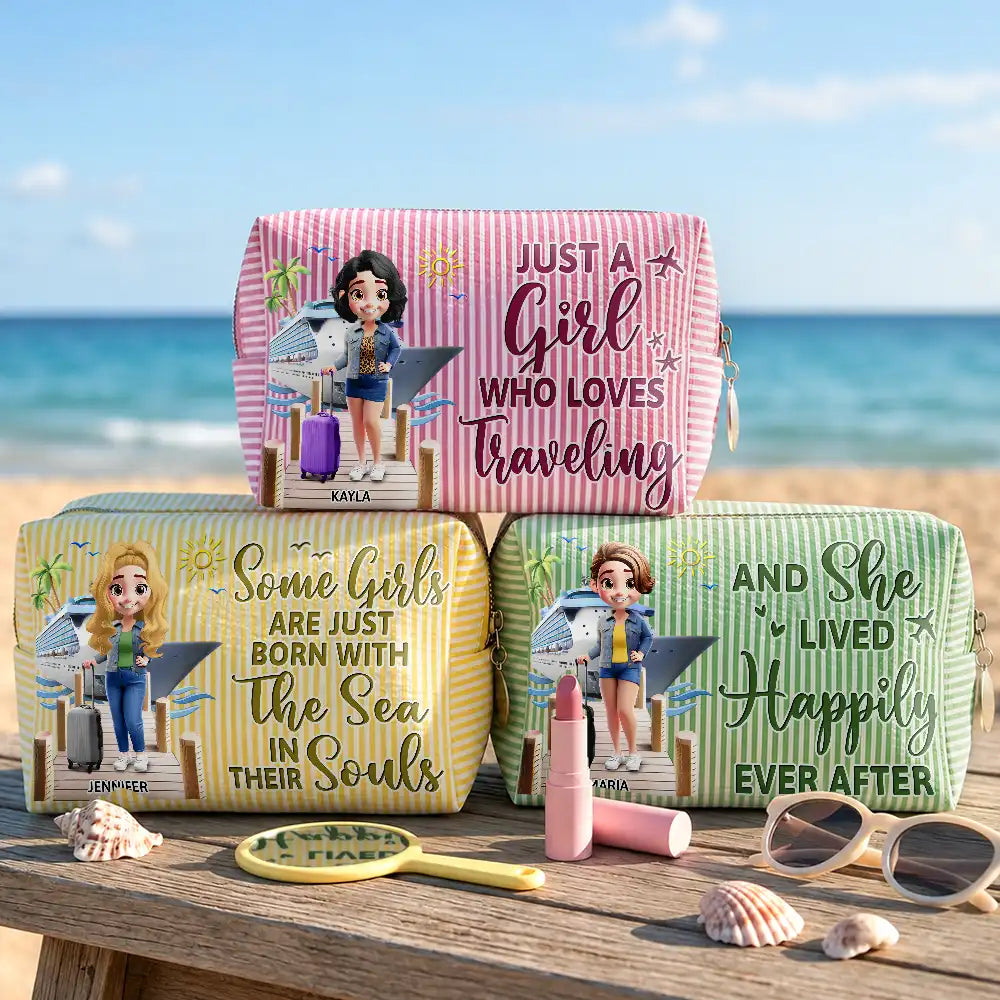 Travelling And She Lived Happily Ever After - Personalized Striped Cosmetic Bag