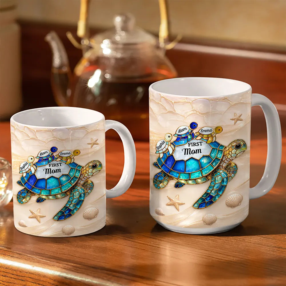Turtle First Mom Now Grandma Stained Glass Effect - Personalized White Edge-to-Edge Mug