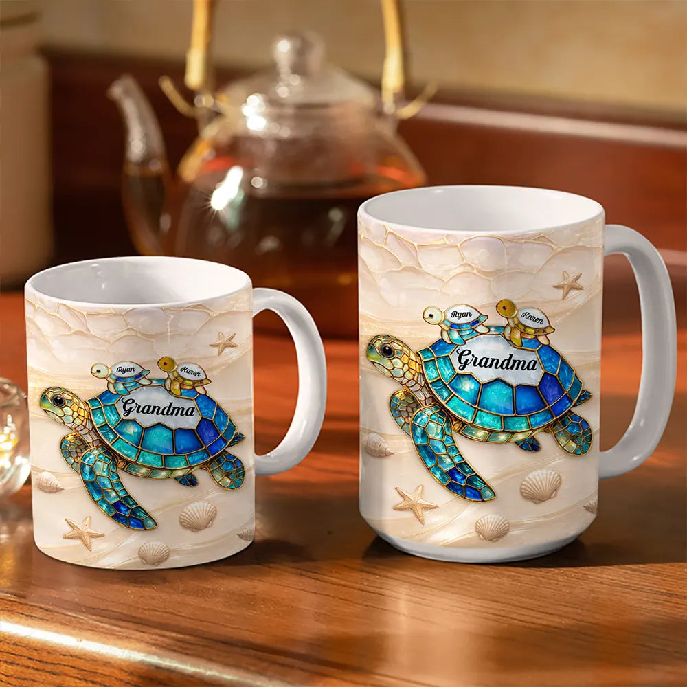 Turtle Mom Grandma Stained Glass Effect - Personalized White Edge-to-Edge Mug