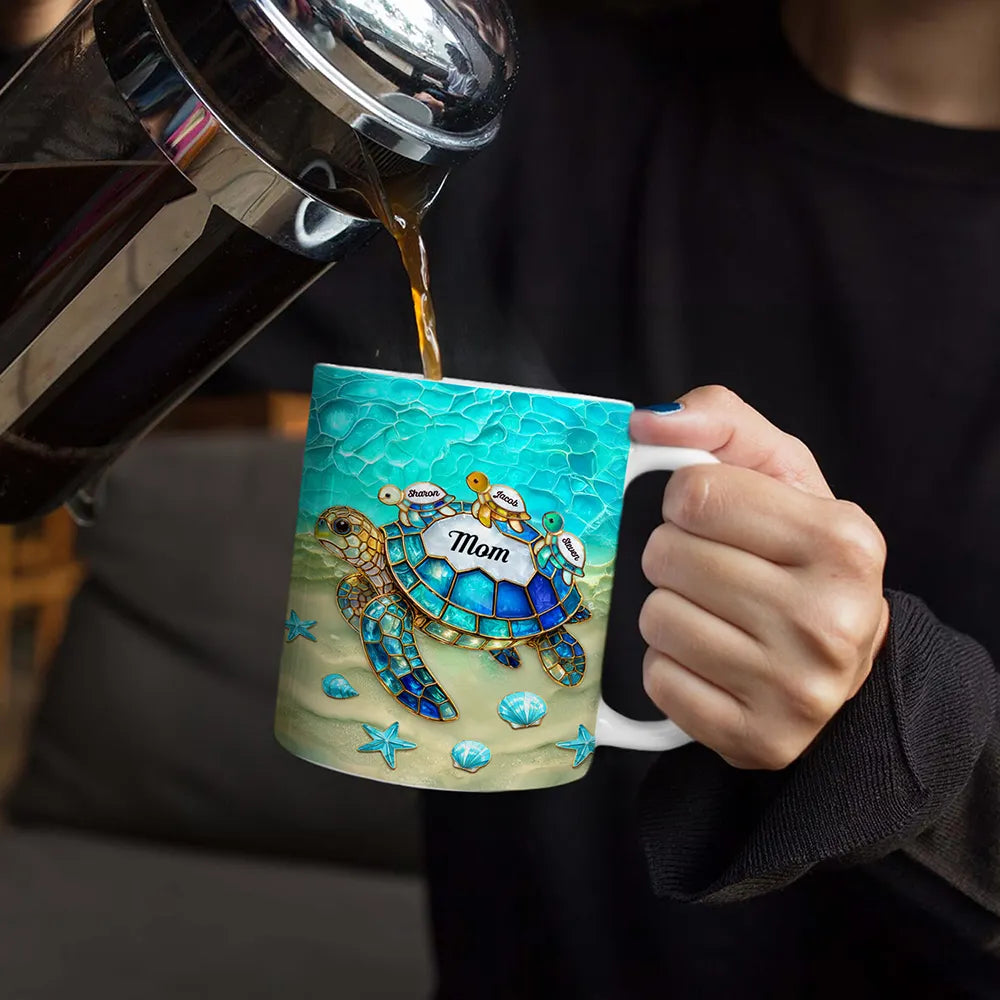 Turtle Mom Grandma Stained Glass Effect - Personalized White Edge-to-Edge Mug