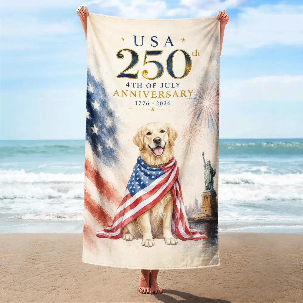 Custom Photo Watercolor With US Accessories 250th Anniversary Fourth Of July - Personalized Beach Towel