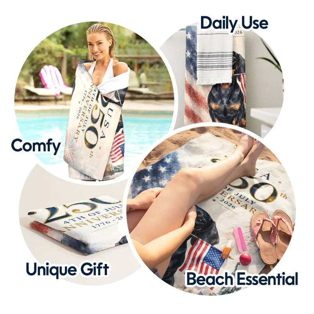 Custom Photo Watercolor With US Accessories 250th Anniversary Fourth Of July - Personalized Beach Towel