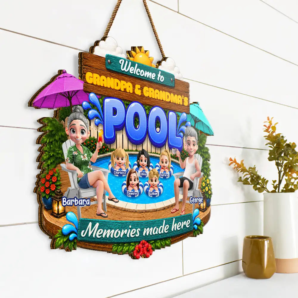 Welcome To Grandma Grandpa Pool Summer - Personalized Custom Shaped Wood Sign