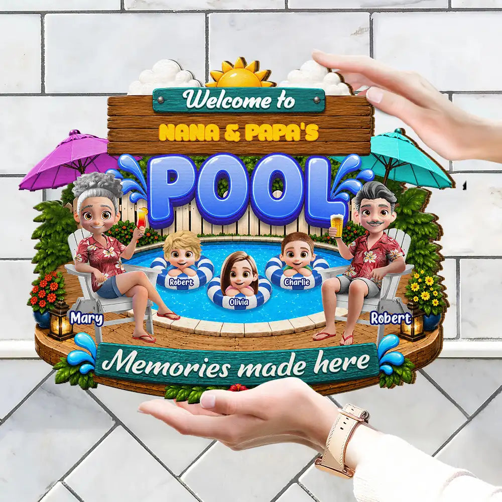 Welcome To Grandma Grandpa Pool Summer - Personalized Custom Shaped Wood Sign