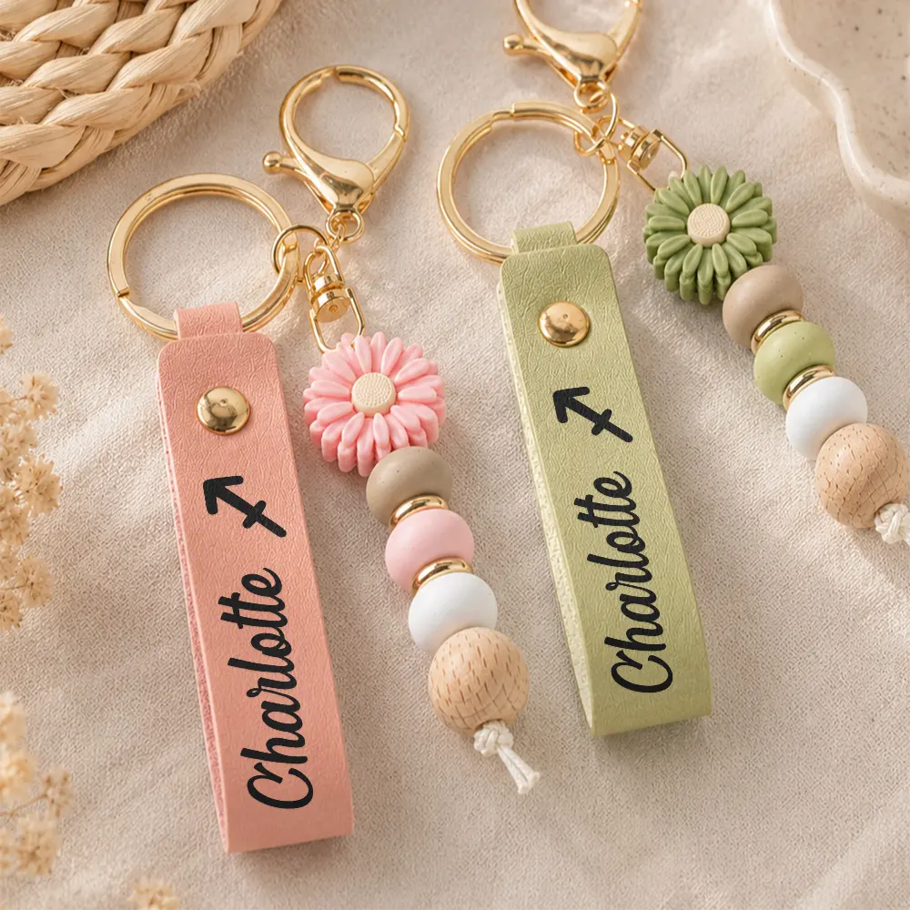Zodiac Signs With Name - Personalized Leather Beaded Keychain