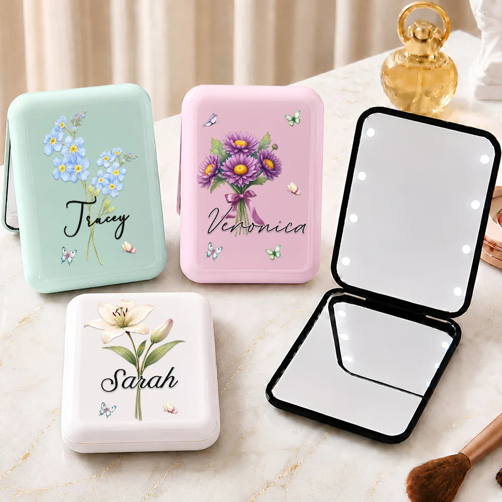 Watercolor Birth Flower Custom Name For Her, Daughter, Mom, Besties - Personalized LED Compact Mirror