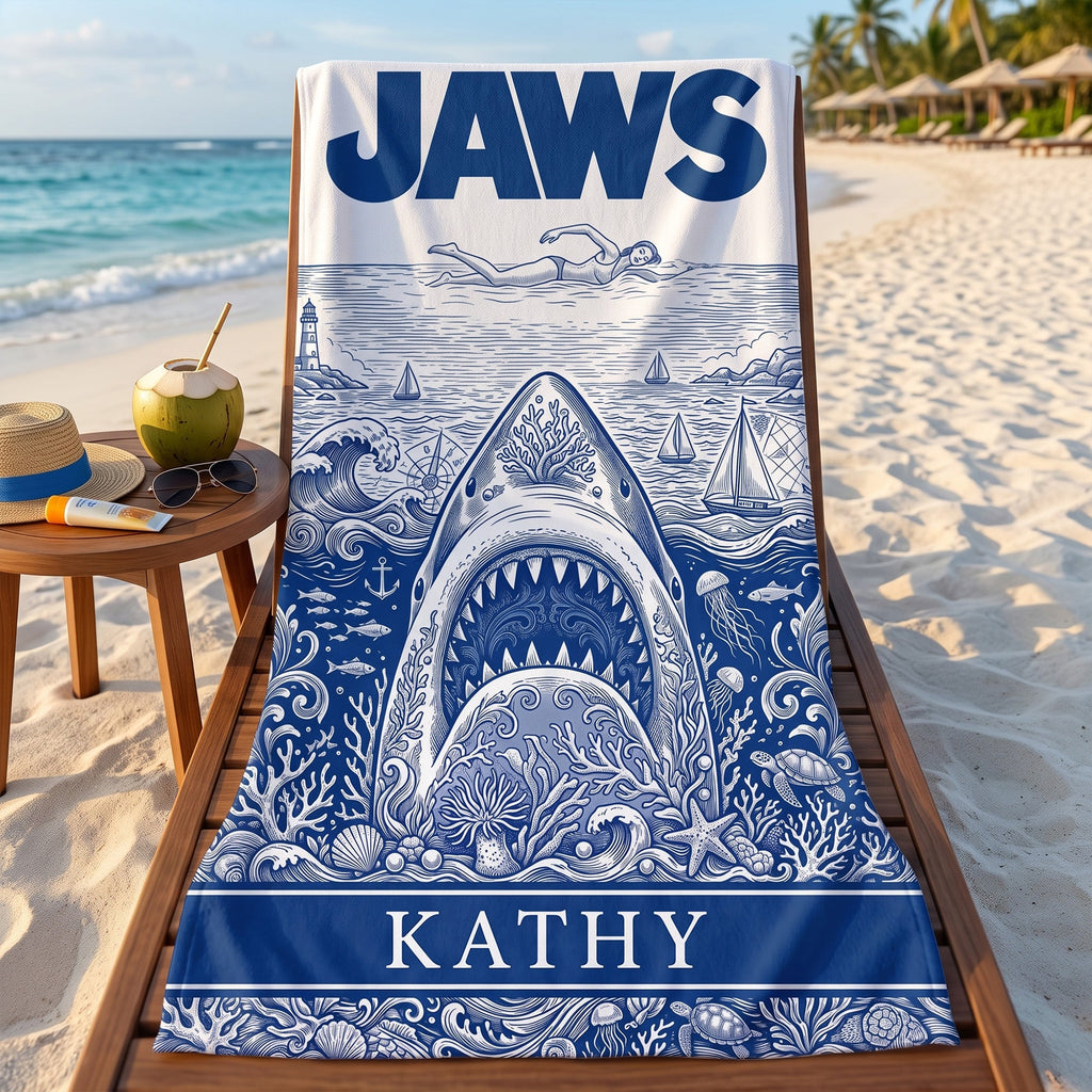 Ancient Shark Toile De Jouy Beach Towel, Personalized Gifts 03qhti180726