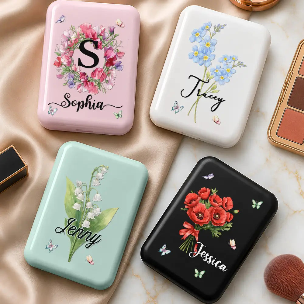 Watercolor Birth Flower Custom Name For Her, Daughter, Mom, Besties - Personalized LED Compact Mirror